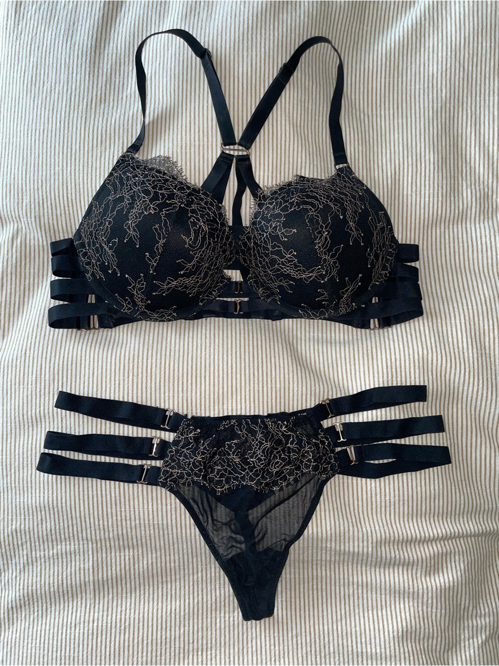 VS Black and Gold Lace Strappy Bra & Thong Set